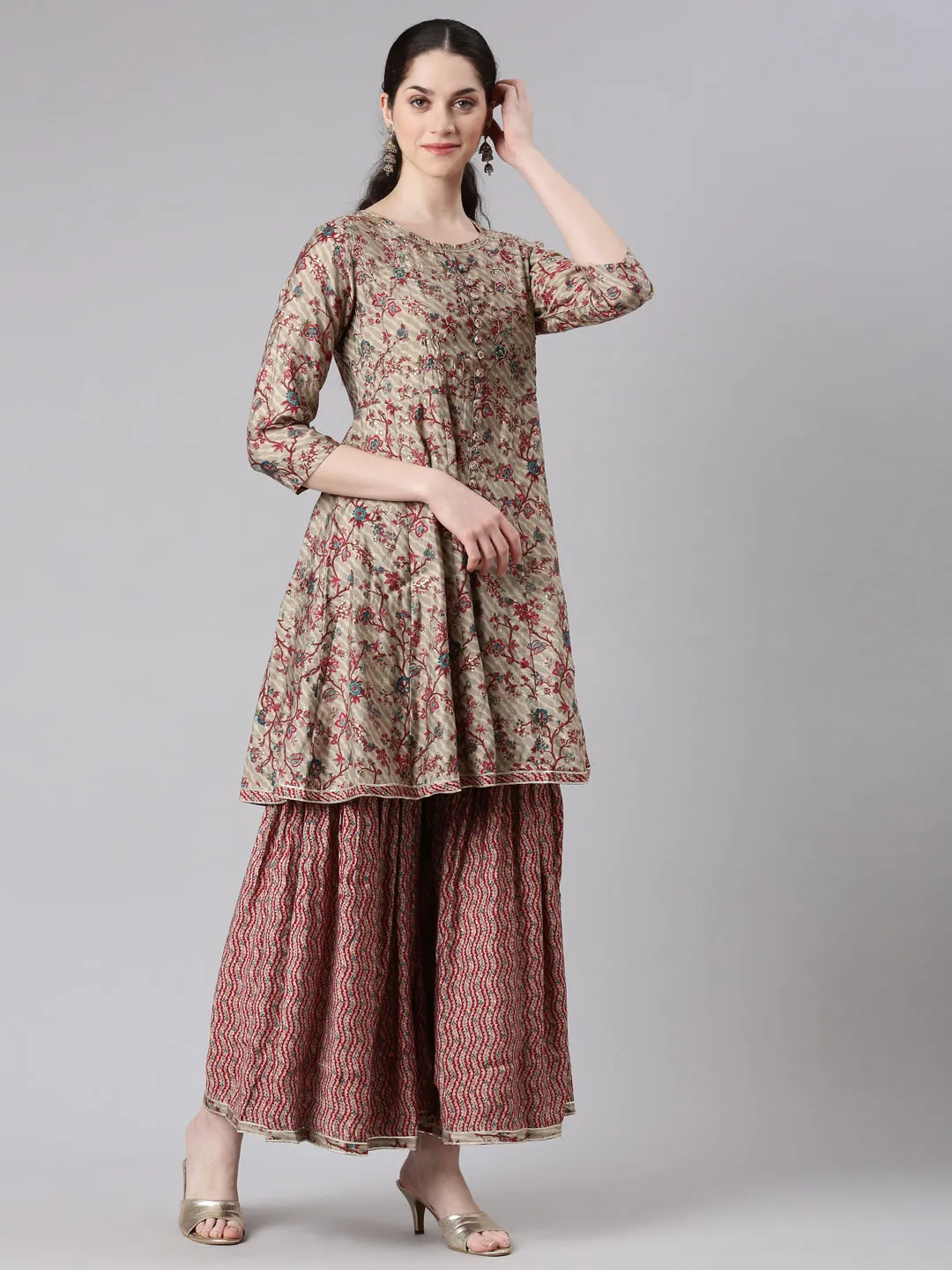 Neerus Women Maroon Anarkali Kurti and Sharara With Dupatta