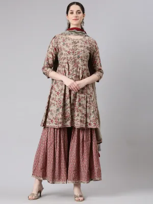 Neerus Women Maroon Anarkali Kurti and Sharara With Dupatta