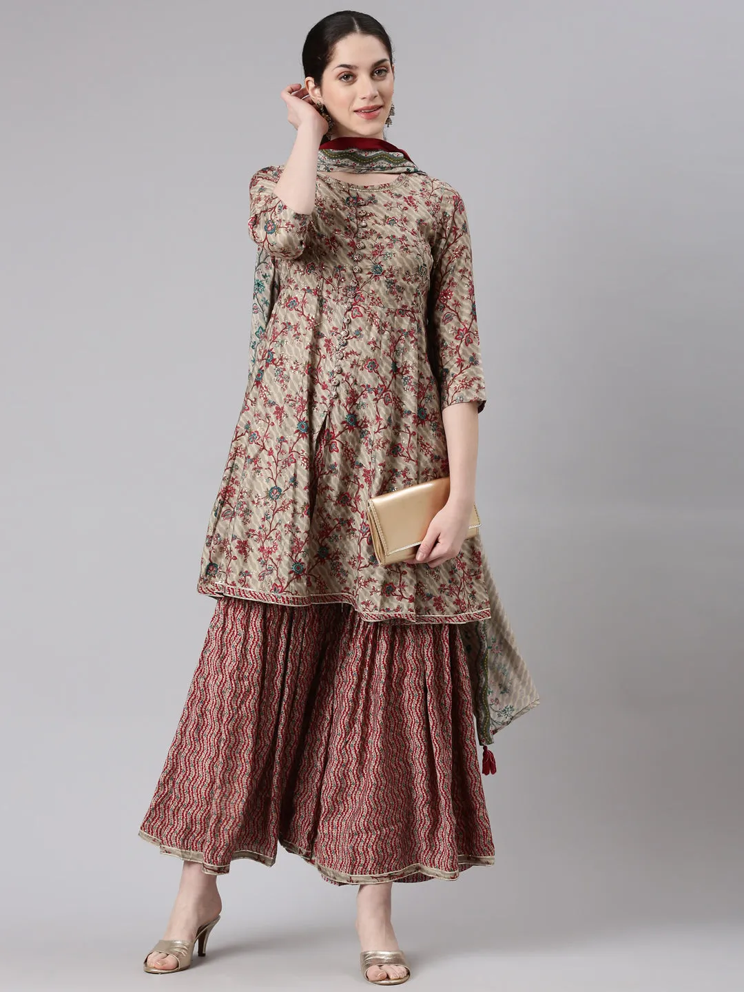 Neerus Women Maroon Anarkali Kurti and Sharara With Dupatta