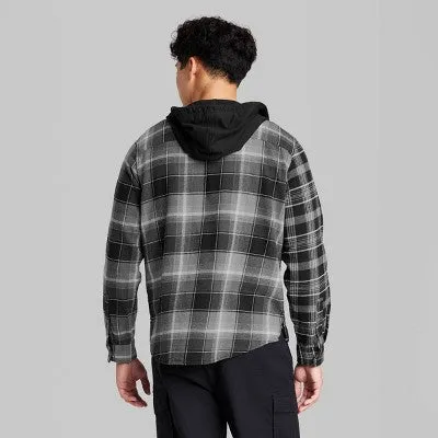 New - Men's Checked Hooded Button-Down Shirt - Original Use Black M