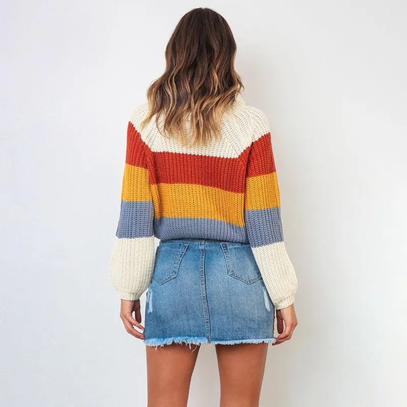 Patchwork Color Long Sleeve Knitted Pullover Sweater