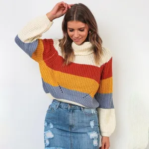 Patchwork Color Long Sleeve Knitted Pullover Sweater