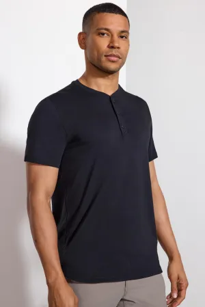 Pima Cotton Henley With Curved Hem - Black