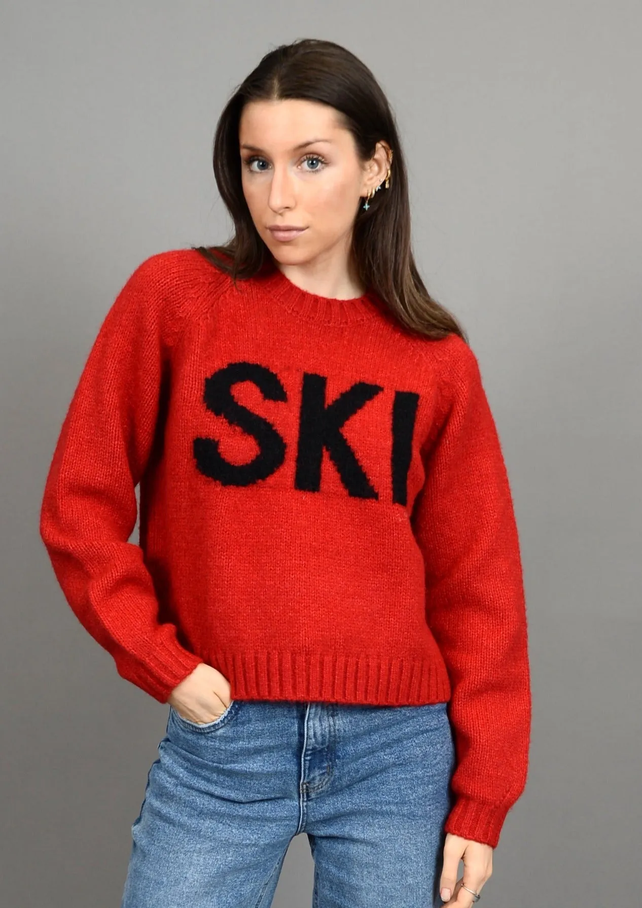 'SKI' Graphic Crew Neck Knit | Red