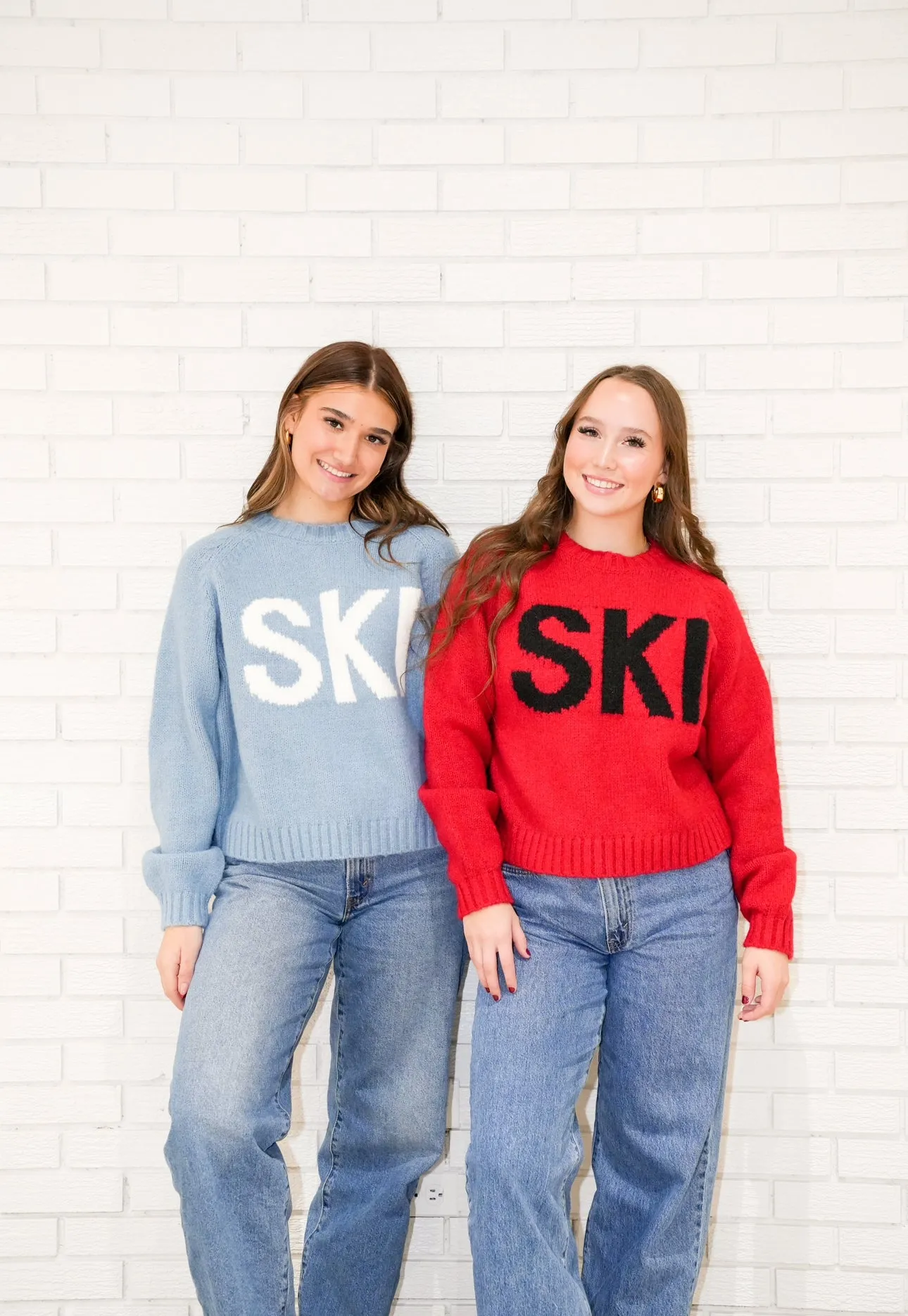 'SKI' Graphic Crew Neck Knit | Red