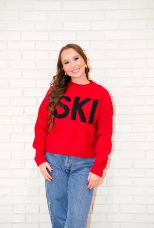 'SKI' Graphic Crew Neck Knit | Red