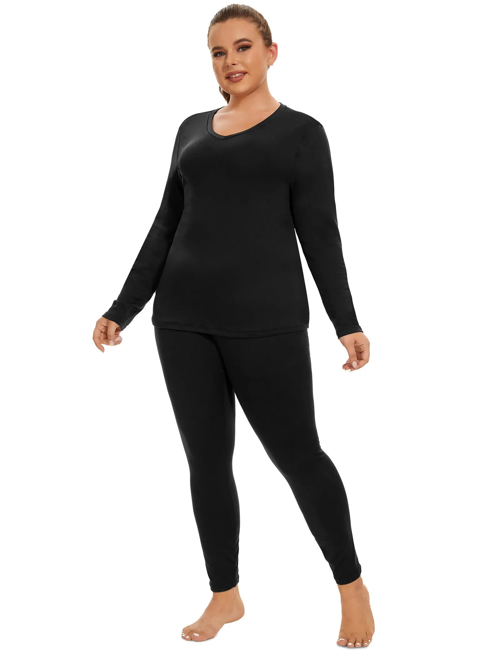 Solid V-neck Fleece Thermal Underwear Basic Suit