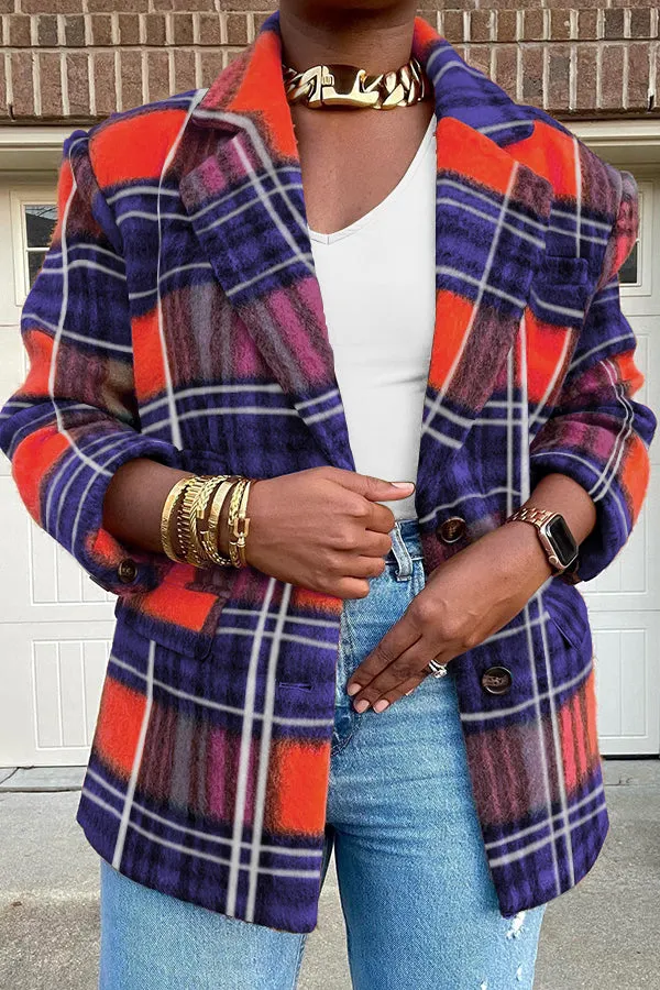 Stylish Plaid Notched Collar Boucle Blazer