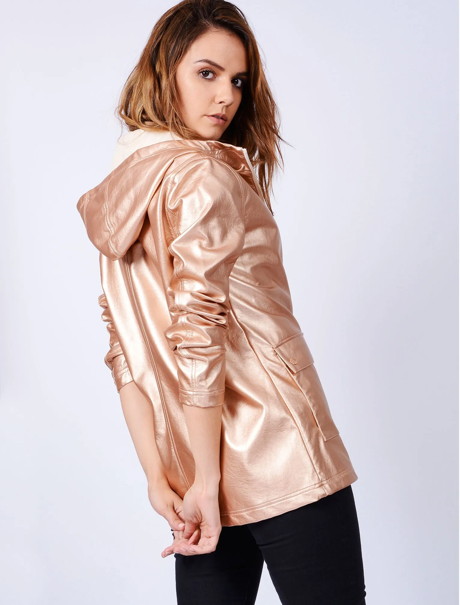 TL Seagull Hooded PU Coat in Metallic Rose - Tokyo Laundry