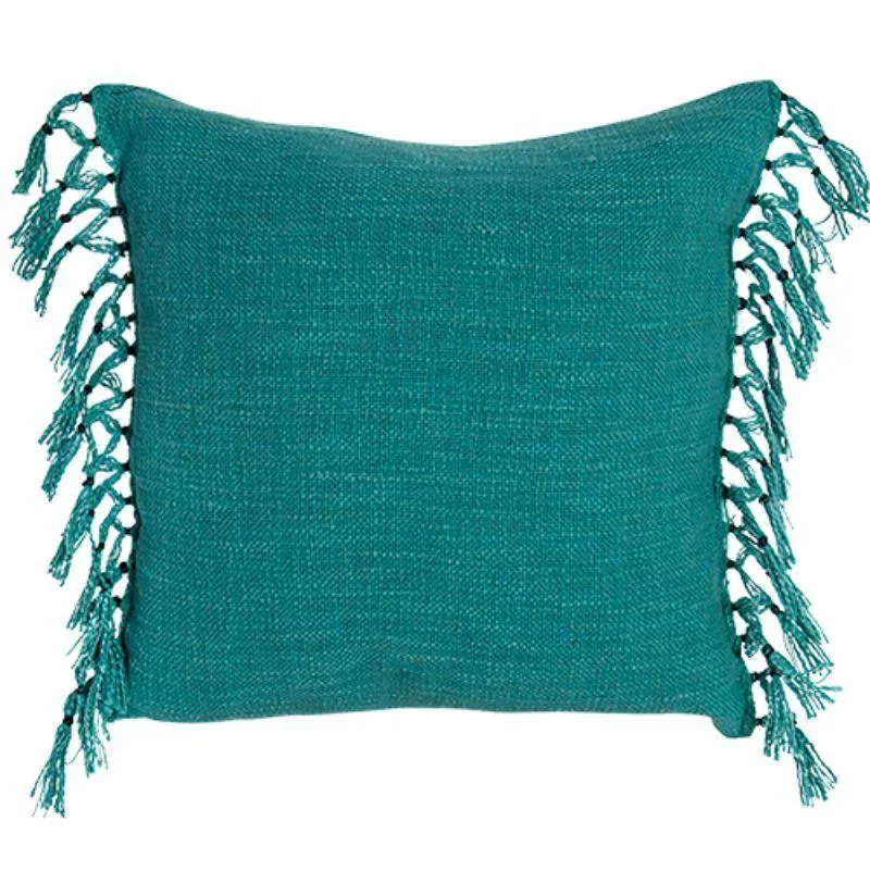 Turquoise Cotton Slub Cushion with Fringing - 45cm