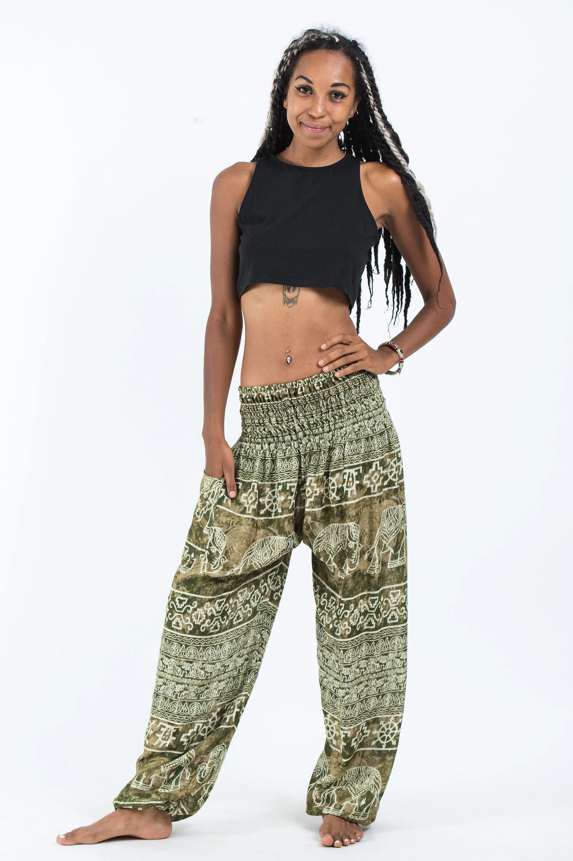 Unisex Marble Elephants Harem Pants in Olive