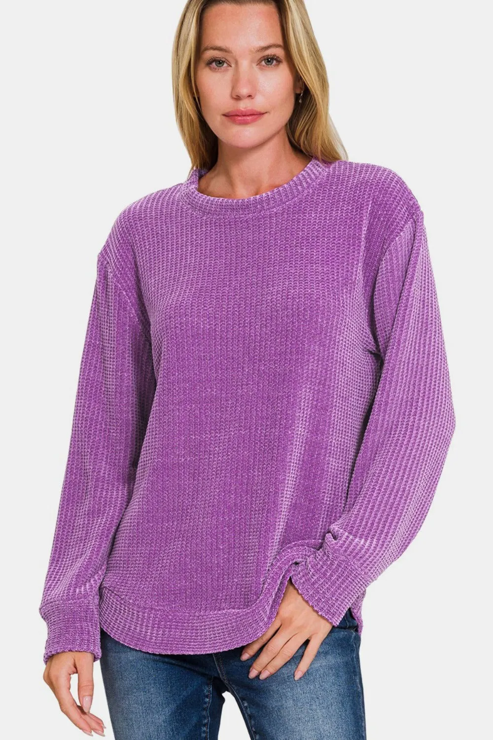 Violet Chenille Waffle Round Neck Sweater