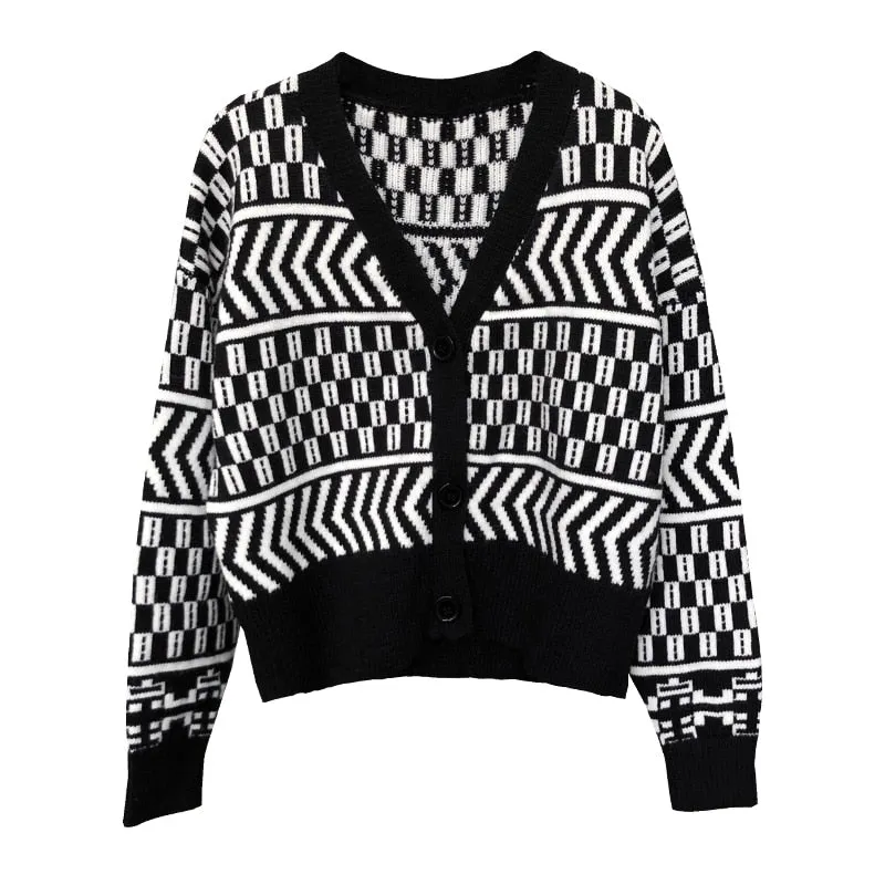 Women Cardigans Winter Geometric Knitted Sweater