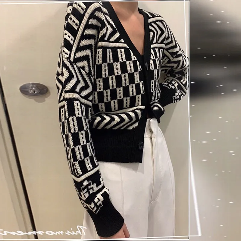 Women Cardigans Winter Geometric Knitted Sweater