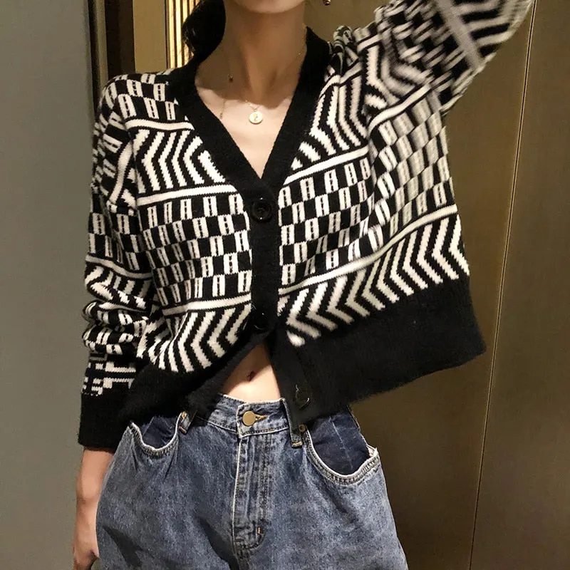 Women Cardigans Winter Geometric Knitted Sweater