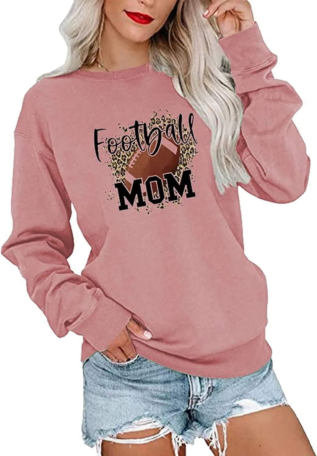 Women Football Mom Sweatshirt Leopard Print Long Sleeve Shirt