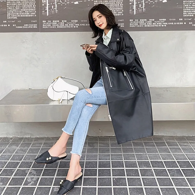 Women Leather Jacket | Streetwear Coat | Oversized Leather Jacket |Long Sleeve Jacket | Women Casual Coat | Long Leather Coat Jacket