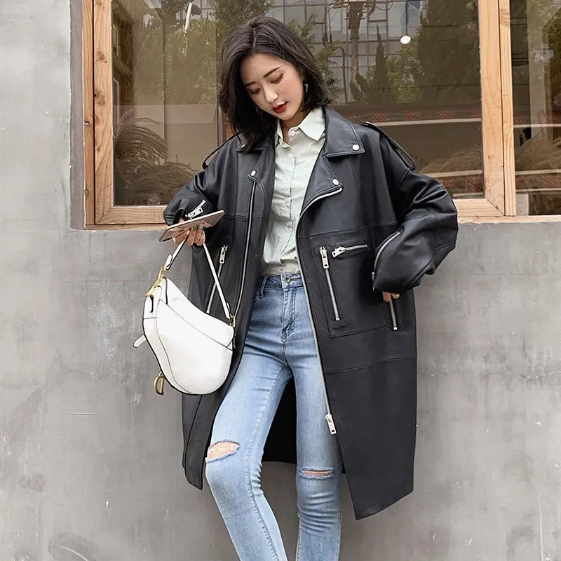 Women Leather Jacket | Streetwear Coat | Oversized Leather Jacket |Long Sleeve Jacket | Women Casual Coat | Long Leather Coat Jacket